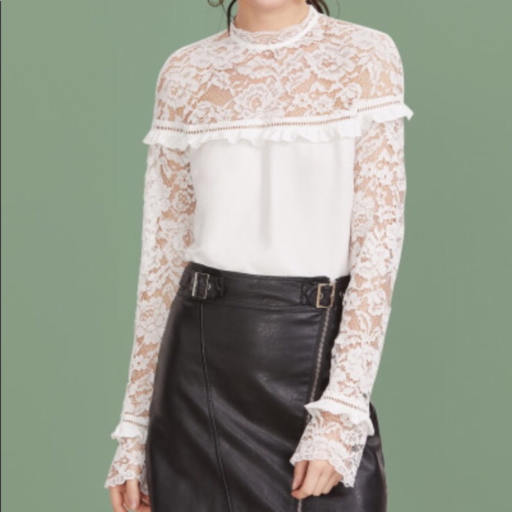Sheer Lace Shoulder and Sleeve Ruffle Trim Top